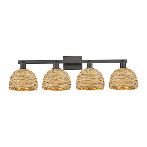 Innovations Woven Rattan 35in 4-Light Bath Vanity | Industrial Matte Black Steel and Natural Fiber Dome Shades | Bathroom | Model 716-4W-BK-RBD-8-NAT