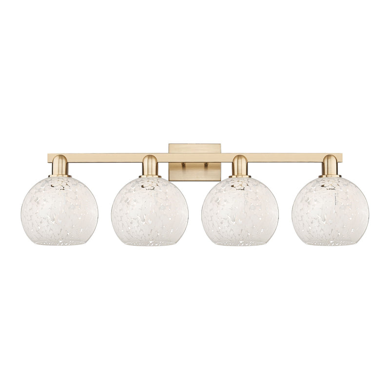 Innovations White Mouchette 35in 4-Light Bath Vanity | Industrial Champagne Bronze Steel and White Glass Globe Shades | Model 716-4W-CB-G1216-8WM