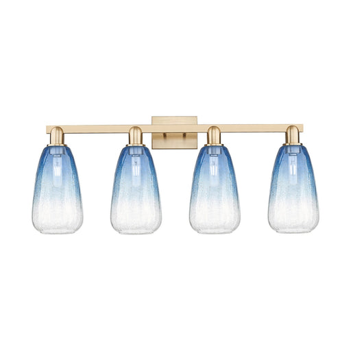 Innovations Brookhaven Almond 33in 4-Light Bath Vanity Light | Industrial Champagne Bronze Steel and Sapphire Blue Glass | Model 716-4W-CB-G480-6SB