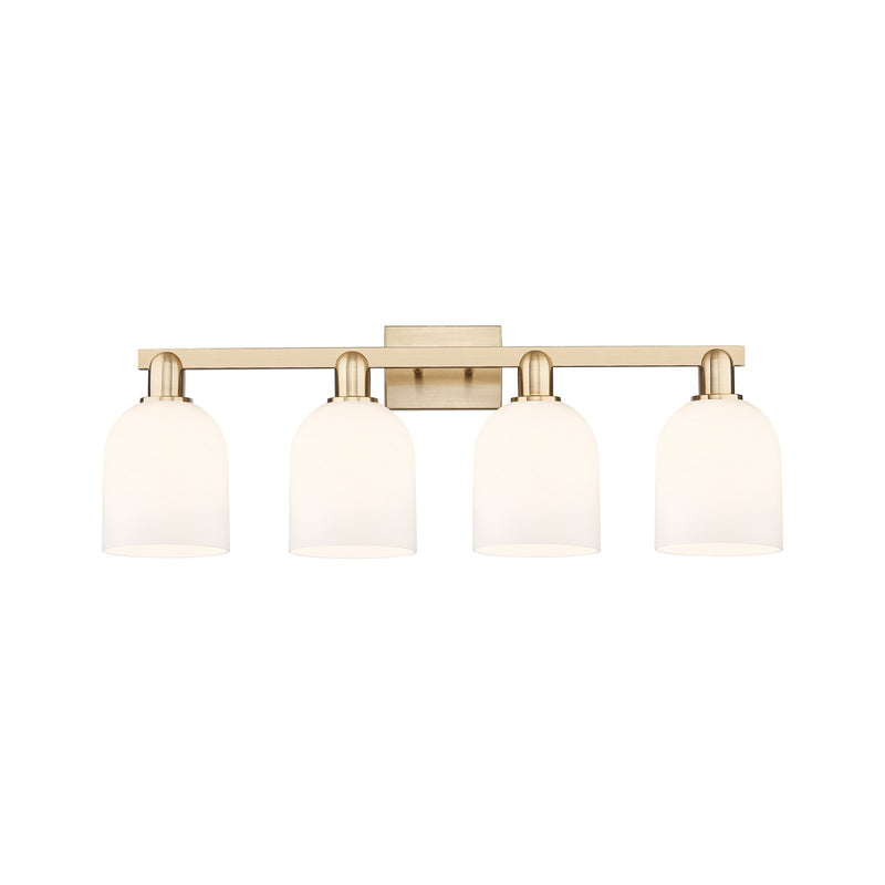 Innovations Bella 33in 4-Light Bath Vanity Light | Industrial Champagne Bronze Steel and White Glass | Bathroom Vanity | Model 716-4W-CB-G558-6GWH