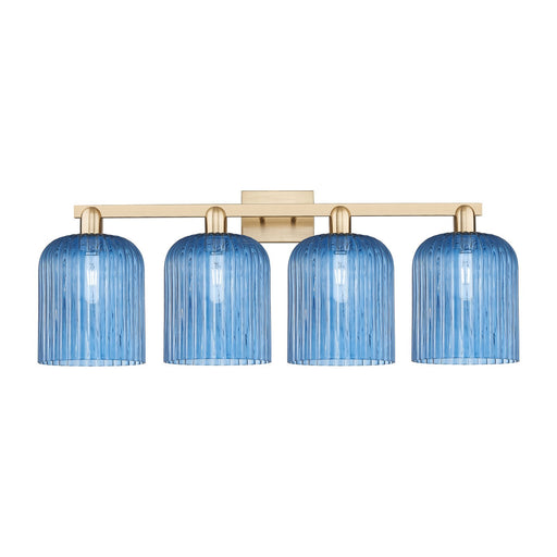 Innovations Bridal Veil 35in 4-Light Bath Vanity Light | Industrial Champagne Bronze Steel and Princess Blue Ribbed Glass | Model 716-4W-CB-G559-8BL