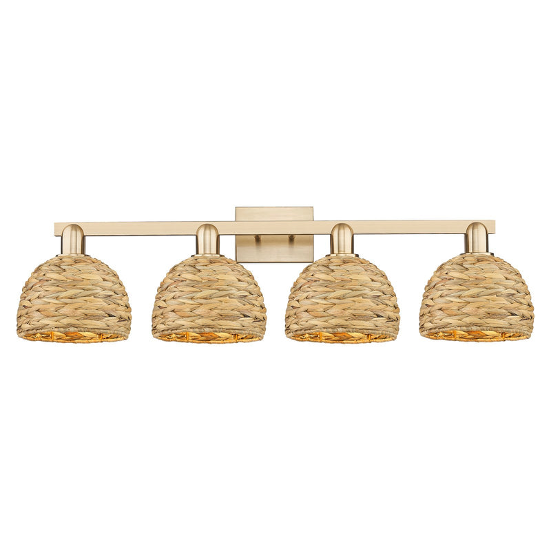 Innovations Woven Rattan 35in 4-Light Bath Vanity Light | Industrial Champagne Bronze Steel and Natural Fiber Dome Shade | Model 716-4W-CB-RBD-8-NAT
