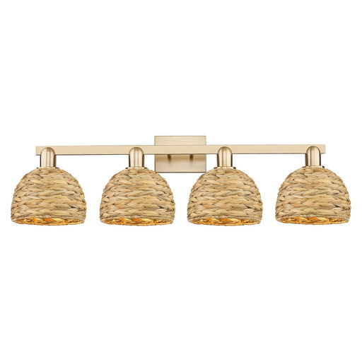 Innovations Woven Rattan 35in 4-Light Bath Vanity Light | Industrial Champagne Bronze Steel and Natural Fiber Dome Shade | Model 716-4W-CB-RBD-8-NAT