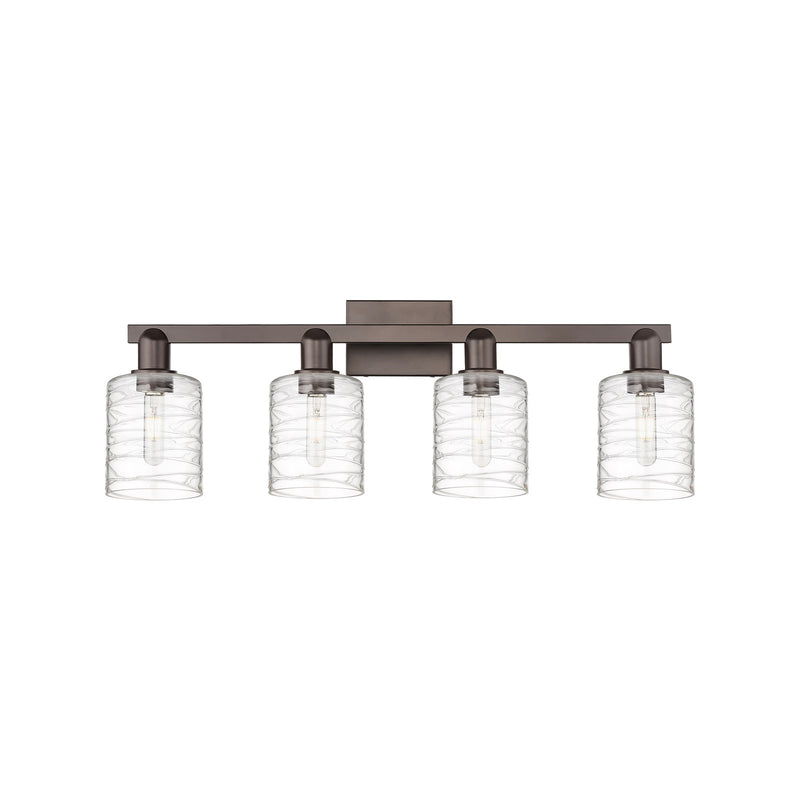 Innovations Cobbleskill 32in 4-Light Bath Vanity | Industrial Oil Rubbed Bronze Steel and Deco Swirl Clear Glass | Bathroom Vanity | Model 716-4W-OB-G1113