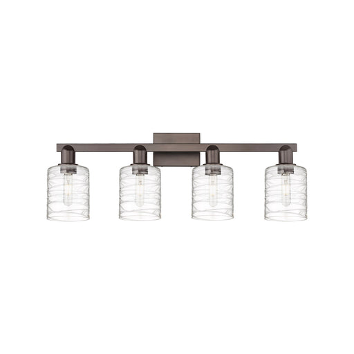 Innovations Cobbleskill 32in 4-Light Bath Vanity | Industrial Oil Rubbed Bronze Steel and Deco Swirl Clear Glass | Bathroom Vanity | Model 716-4W-OB-G1113