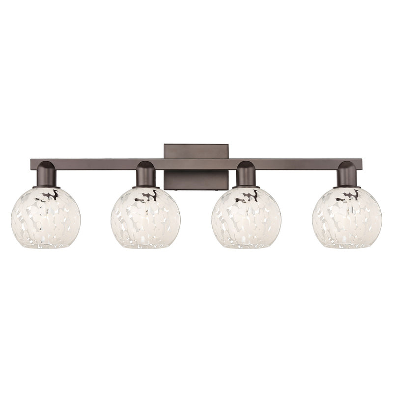 Innovations White Mouchette 33in 4-Light Bath Vanity Light | Industrial Oil Rubbed Bronze and White Mouchette Glass | Bathroom | Model 716-4W-OB-G1216-6WM