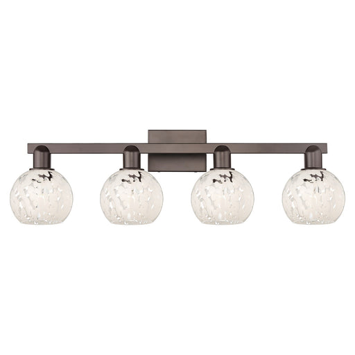 Innovations White Mouchette 33in 4-Light Bath Vanity Light | Industrial Oil Rubbed Bronze and White Mouchette Glass | Bathroom | Model 716-4W-OB-G1216-6WM