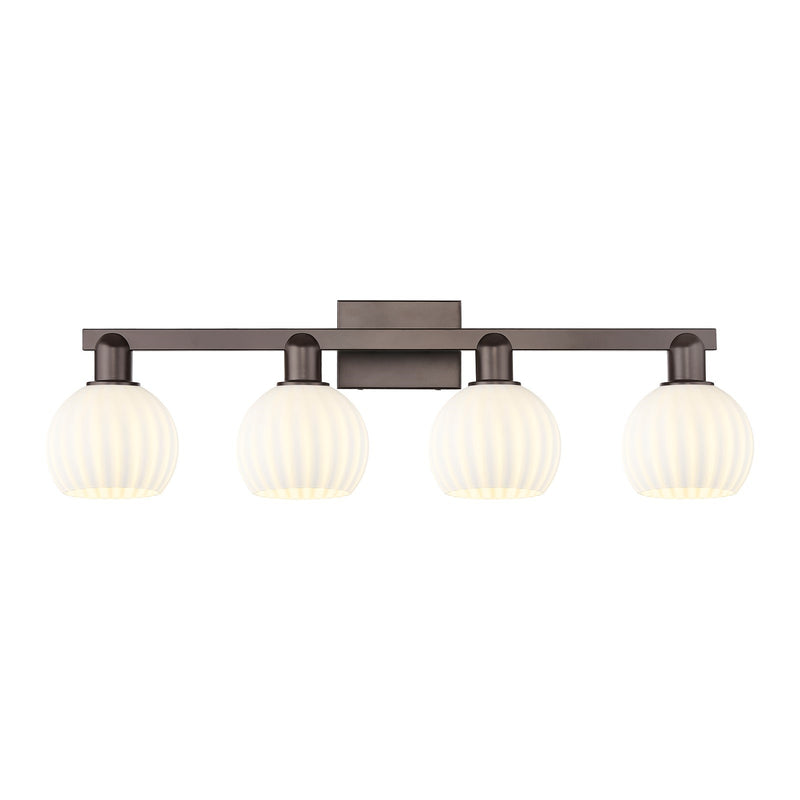 Innovations Lighting White Venetian 33in 4-Light Bath Vanity | Industrial Oil Rubbed Bronze Steel and White Venetian Glass | Model 716-4W-OB-G1217-6WV