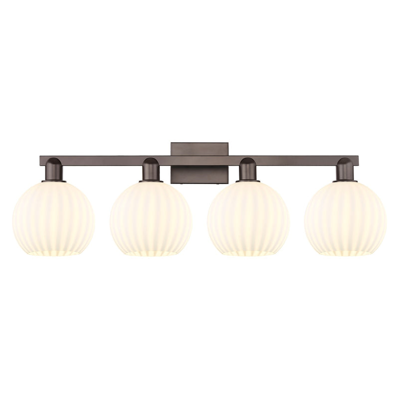 Innovations Lighting White Venetian 35in 4-Light Bath Vanity Light | Industrial Oil Rubbed Bronze and White Venetian Glass | Model 716-4W-OB-G1217-8WV