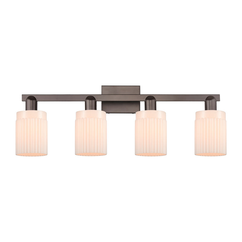 Innovations Hadley 32in 4-Light Bath Vanity Light | Industrial Oil Rubbed Bronze Steel and Matte White Ribbed Glass | Bathroom | Model 716-4W-OB-G341