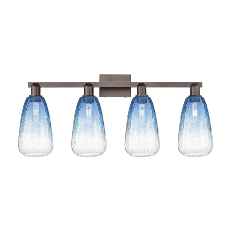 Innovations Brookhaven Almond 33in 4-Light Bath Vanity | Industrial Oil Rubbed Bronze Steel and Sapphire Blue Glass | Bathroom | Model 716-4W-OB-G480-6SB