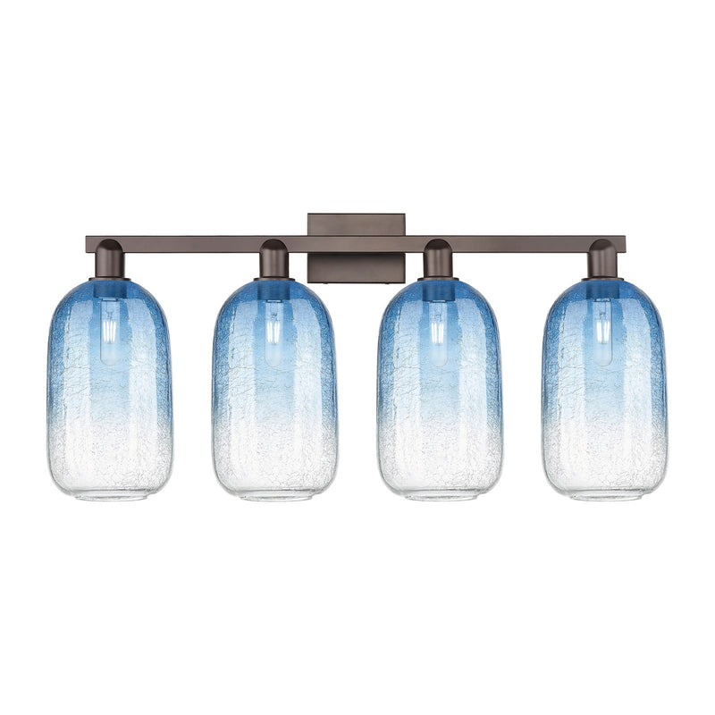 Innovations Brookhaven Cloche 34in 4-Light Bath Vanity Light | Industrial Oil Rubbed Bronze and Sapphire Blue Glass | Bathroom | Model 716-4W-OB-G482-7SB
