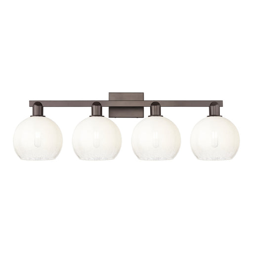 Innovations Brookhaven Globe 35in 4-Light Bath Vanity Light | Industrial Oil Rubbed Bronze Steel and Opal Glass | Damp Rated | Model 716-4W-OB-G483-8OP