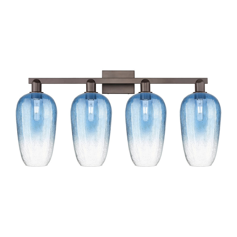 Innovations Brookhaven Flute 34in 4-Light Bath Vanity Light | Industrial Oil Rubbed Bronze Steel and Sapphire Blue Glass | Model 716-4W-OB-G484-7SB