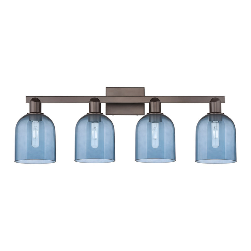 Innovations Bella 33in 4-Light Bath Vanity Light | Industrial Oil Rubbed Bronze Steel and Blue Glass | Bathroom Vanity | Model 716-4W-OB-G558-6BL