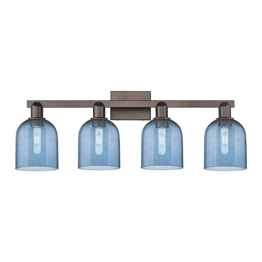 Innovations Bella 33in 4-Light Bath Vanity Light | Industrial Oil Rubbed Bronze Steel and Blue Glass | Bathroom Vanity | Model 716-4W-OB-G558-6BL