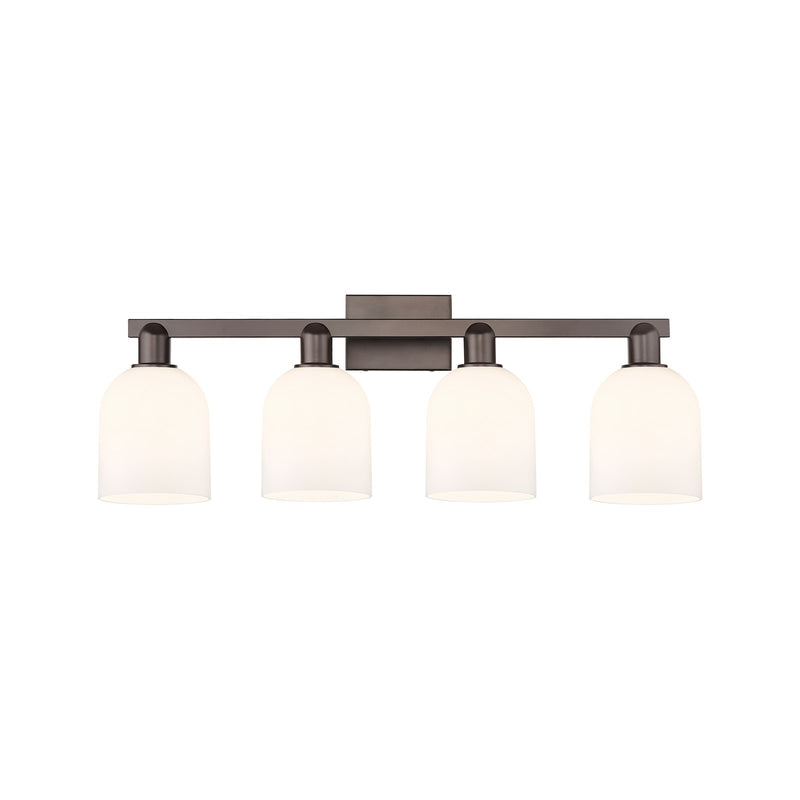 Innovations Bella 33in 4-Light Bath Vanity | Industrial Oil Rubbed Bronze Steel and White Glass | Bathroom Vanity | Model 716-4W-OB-G558-6GWH