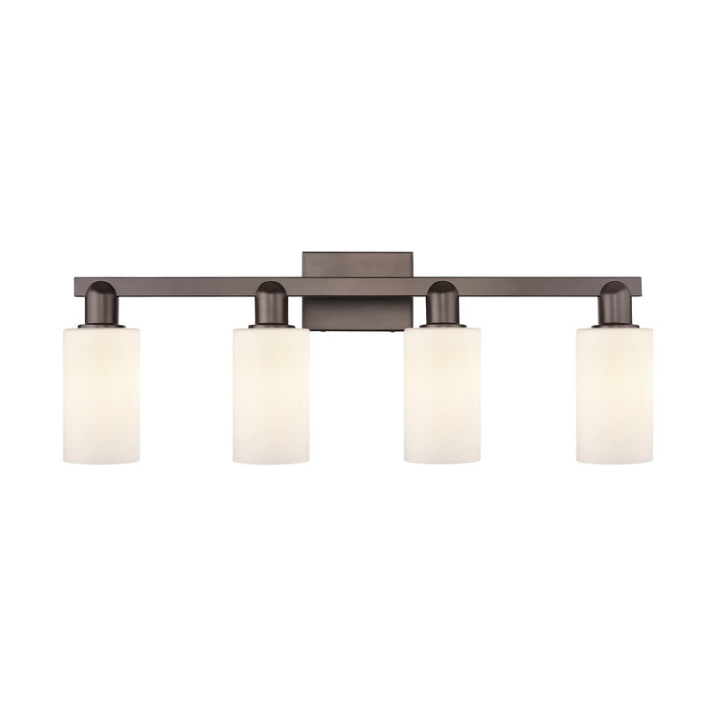 Innovations Clymer 31in 4-Light Bath Vanity Light | Industrial Oil Rubbed Bronze Steel and Matte White Glass | Bathroom Vanity | Model 716-4W-OB-G801