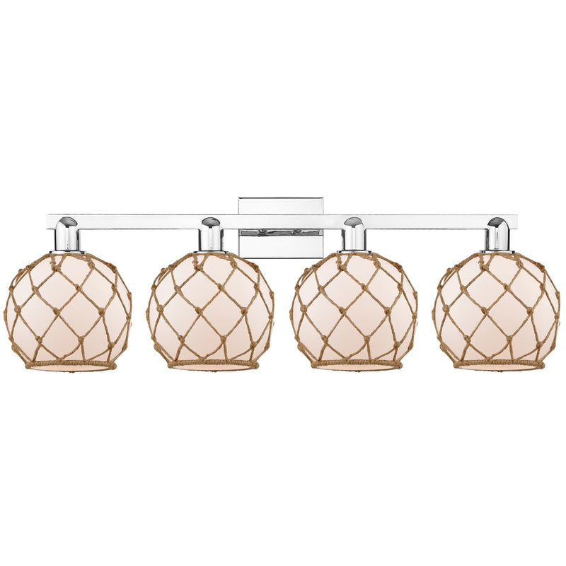 Innovations Farmhouse Rope 35in 4-Light Bath Vanity | Industrial Polished Chrome and White Glass with Brown Rope | Bathroom | Model 716-4W-PC-G121-8RB