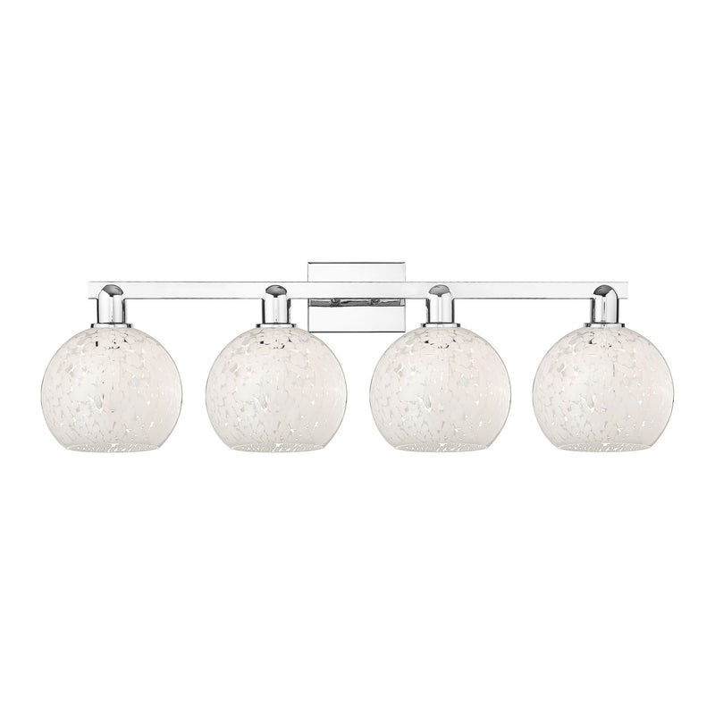 Innovations White Mouchette 35in 4-Light Bath Vanity Light | Industrial Polished Chrome and White Mouchette Glass | Damp-Rated | Model 716-4W-PC-G1216-8WM