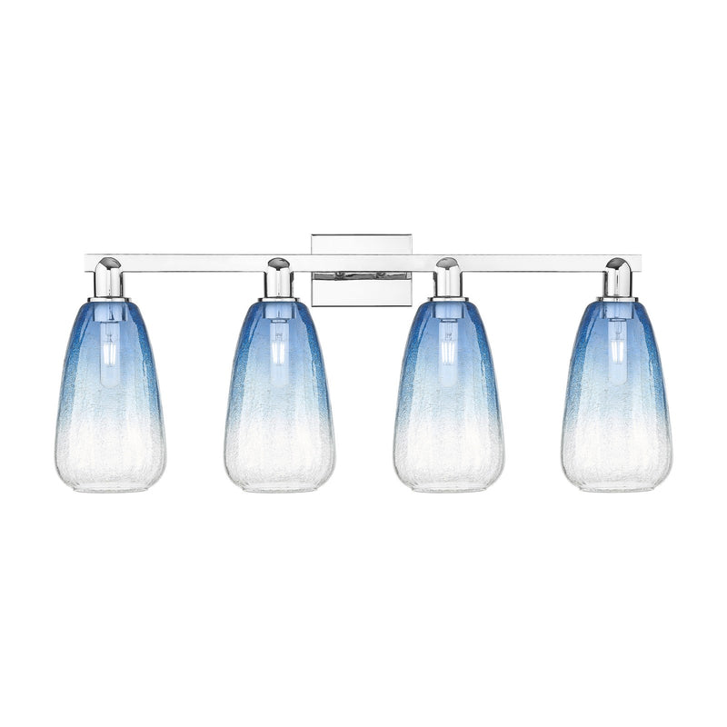 Innovations Brookhaven Almond 33in 4-Light Bath Vanity Light | Industrial Polished Chrome and Sapphire Blue Glass | Bathroom | Model 716-4W-PC-G480-6SB