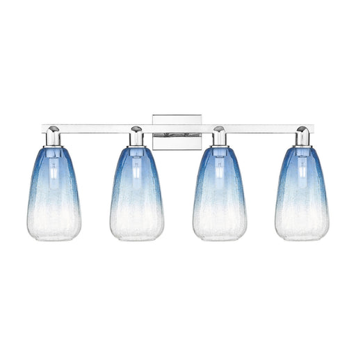 Innovations Brookhaven Almond 33in 4-Light Bath Vanity Light | Industrial Polished Chrome and Sapphire Blue Glass | Bathroom | Model 716-4W-PC-G480-6SB