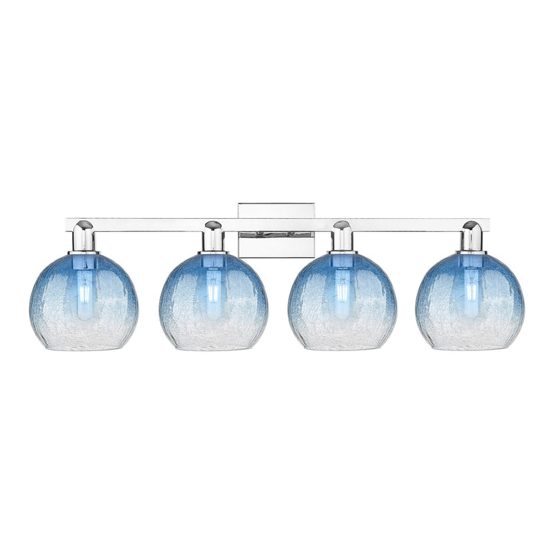 Innovations Brookhaven Globe 35in 4-Light Bath Vanity Light | Industrial Polished Chrome and Sapphire Blue Glass | Bathroom | Model 716-4W-PC-G483-8SB