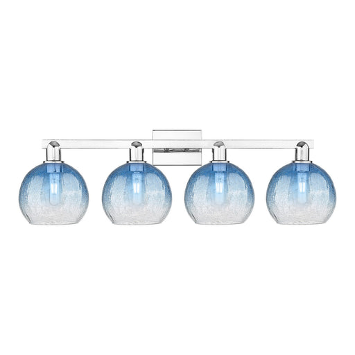Innovations Brookhaven Globe 35in 4-Light Bath Vanity Light | Industrial Polished Chrome and Sapphire Blue Glass | Bathroom | Model 716-4W-PC-G483-8SB