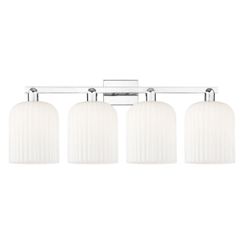 Innovations Bridal Veil 35in 4-Light Bath Vanity Light | Industrial Polished Chrome and Gloss White Ribbed Glass | Bathroom | Model 716-4W-PC-G559-8GWH