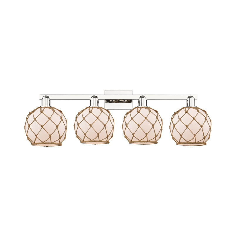 Innovations Farmhouse Rope 35in 4-Light Bath Vanity | Industrial Polished Nickel and White Frosted Glass with Brown Rope | Model 716-4W-PN-G121-8RB