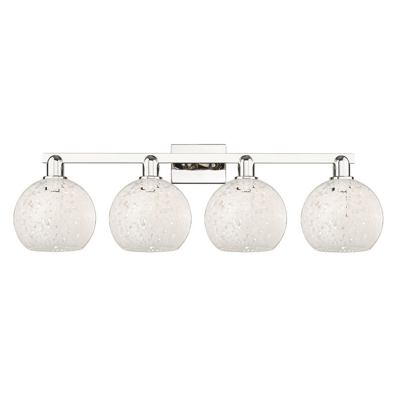 Innovations Lighting White Mouchette 35in 4-Light Bath Vanity | Industrial Polished Nickel and White Mouchette Glass | Model 716-4W-PN-G1216-8WM