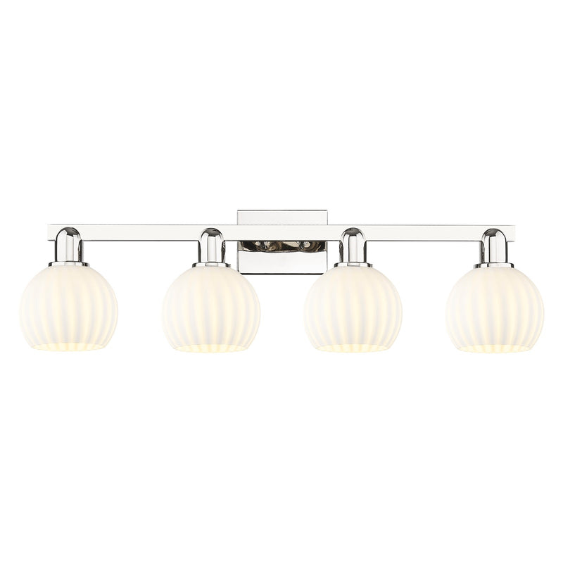 Innovations Lighting Arcadia 33in 4-Light Bath Vanity Light | Industrial Polished Nickel and White Venetian Glass | Bathroom | Model 716-4W-PN-G1217-6WV