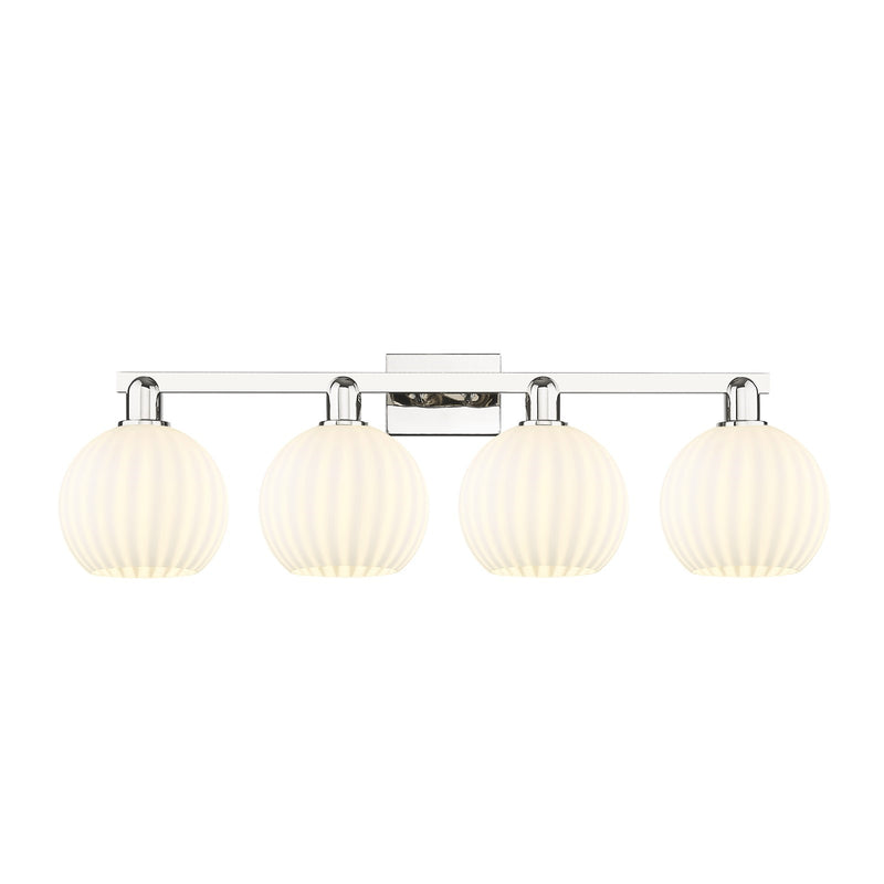 Innovations Lighting Arcadia 35in 4-Light Bath Vanity Light | Industrial Polished Nickel and White Venetian Glass | Bathroom | Model 716-4W-PN-G1217-8WV