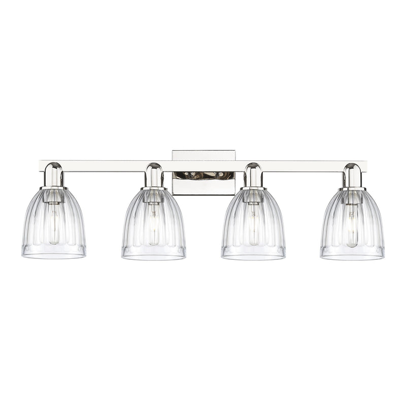 Innovations Brookfield 33in 4-Light Bath Vanity | Industrial Polished Nickel Steel and Clear Ribbed Glass | Bathroom Vanity Light | Model 716-4W-PN-G442