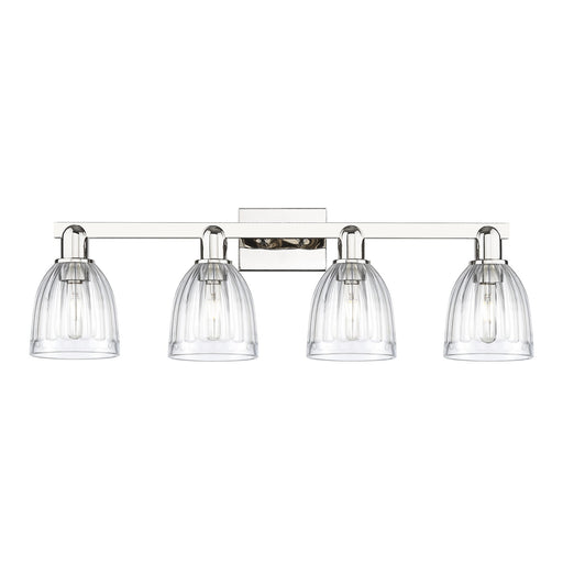 Innovations Brookfield 33in 4-Light Bath Vanity | Industrial Polished Nickel Steel and Clear Ribbed Glass | Bathroom Vanity Light | Model 716-4W-PN-G442
