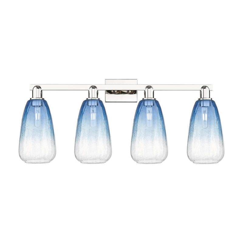 Innovations Brookhaven Almond 33in 4-Light Bath Vanity Light | Industrial Polished Nickel and Sapphire Blue Glass | Bathroom | Model 716-4W-PN-G480-6SB