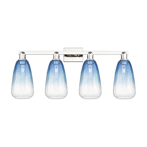 Innovations Brookhaven Almond 33in 4-Light Bath Vanity Light | Industrial Polished Nickel and Sapphire Blue Glass | Bathroom | Model 716-4W-PN-G480-6SB