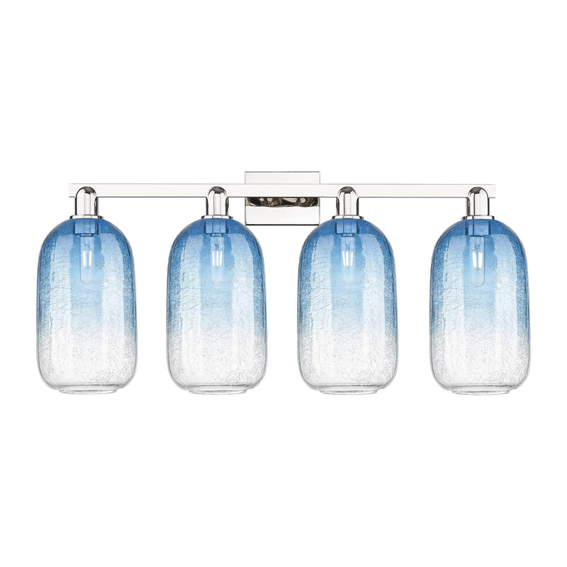Innovations Brookhaven Cloche 34in 4-Light Bath Vanity Light | Industrial Polished Nickel and Sapphire Blue Glass | Bathroom | Model 716-4W-PN-G482-7SB