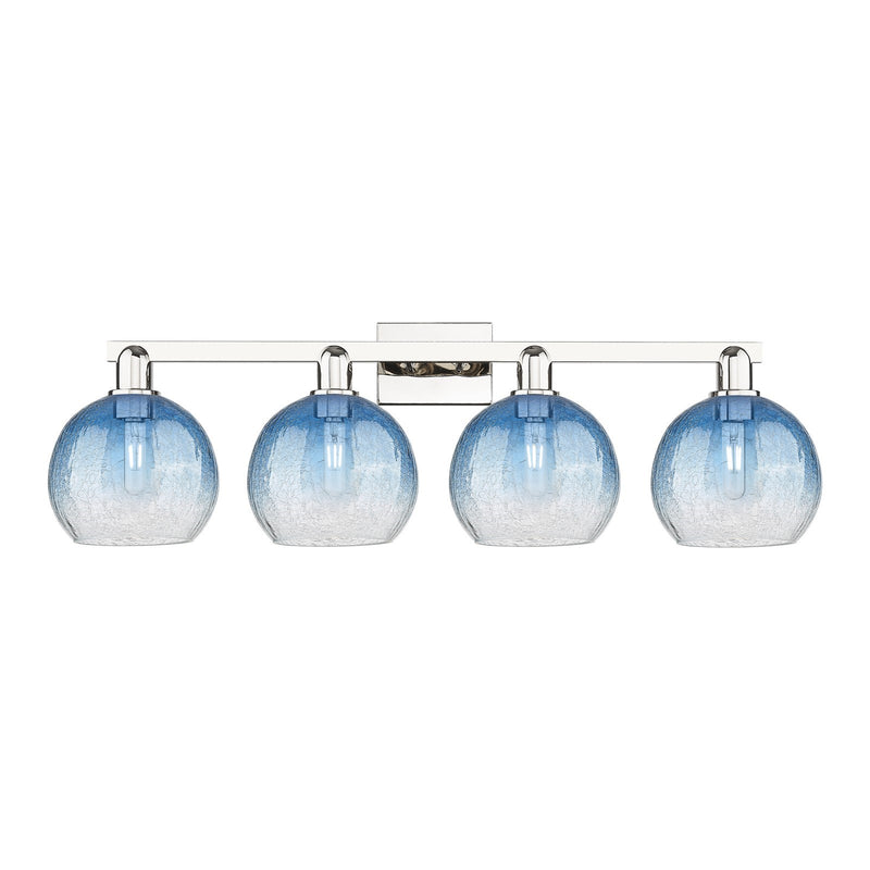 Innovations Brookhaven Globe 35in 4-Light Bath Vanity Light | Industrial Polished Nickel and Sapphire Blue Glass | Bathroom | Model 716-4W-PN-G483-8SB