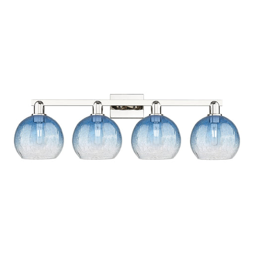 Innovations Brookhaven Globe 35in 4-Light Bath Vanity Light | Industrial Polished Nickel and Sapphire Blue Glass | Bathroom | Model 716-4W-PN-G483-8SB