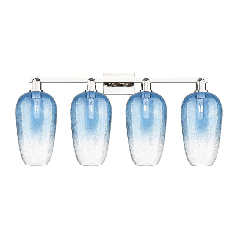 Innovations Brookhaven Flute 34in 4-Light Bath Vanity | Industrial Polished Nickel and Sapphire Blue Glass | Damp Rated | Model 716-4W-PN-G484-7SB