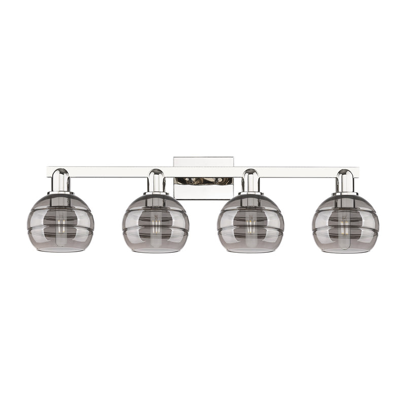 Innovations Rochester 33in 4-Light Bath Vanity Light | Industrial Polished Nickel and Light Smoke Glass | Bathroom Vanity | Model 716-4W-PN-G556-6SM