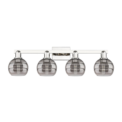 Innovations Rochester 33in 4-Light Bath Vanity Light | Industrial Polished Nickel and Light Smoke Glass | Bathroom Vanity | Model 716-4W-PN-G556-6SM