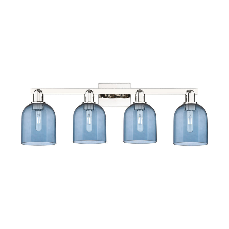 Innovations Bella 33in 4-Light Bath Vanity Light | Industrial Polished Nickel Steel and Blue Glass | Bathroom Vanity | Model 716-4W-PN-G558-6BL
