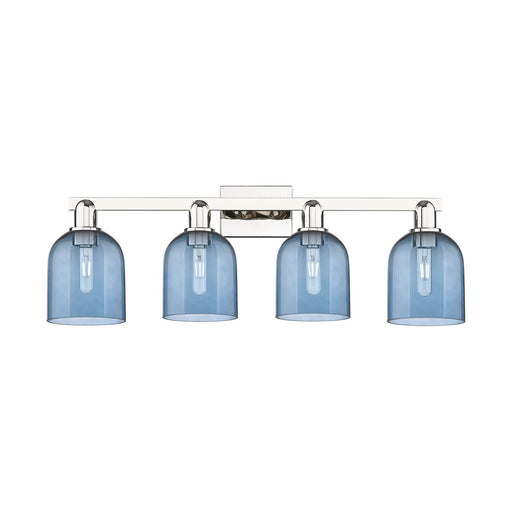 Innovations Bella 33in 4-Light Bath Vanity Light | Industrial Polished Nickel Steel and Blue Glass | Bathroom Vanity | Model 716-4W-PN-G558-6BL
