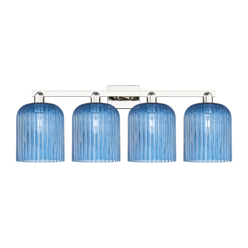 Innovations Bridal Veil 35in 4-Light Bath Vanity Light | Industrial Polished Nickel and Princess Blue Ribbed Glass | Bathroom | Model 716-4W-PN-G559-8BL