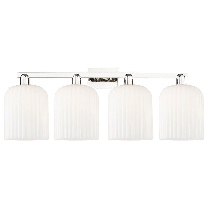 Innovations Bridal Veil 35in 4-Light Bath Vanity Light | Industrial Polished Nickel and Gloss White Ribbed Glass | Bathroom | Model 716-4W-PN-G559-8GWH