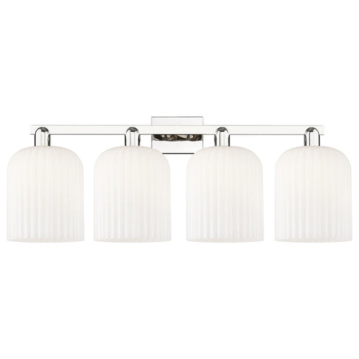 Innovations Bridal Veil 35in 4-Light Bath Vanity Light | Industrial Polished Nickel and Gloss White Ribbed Glass | Bathroom | Model 716-4W-PN-G559-8GWH