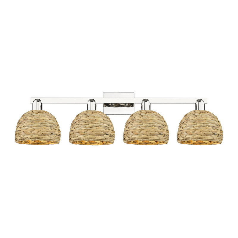 Innovations Woven Rattan 35in 4-Light Bath Vanity Light | Industrial Polished Nickel and Natural Fiber Dome Shade | Bathroom | Model 716-4W-PN-RBD-8-NAT