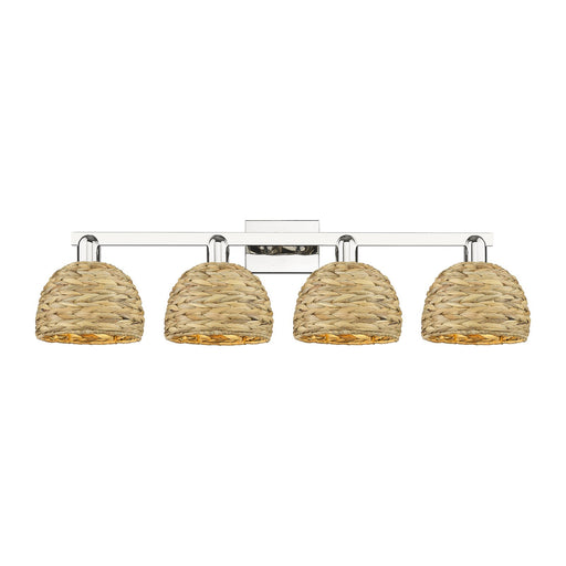 Innovations Woven Rattan 35in 4-Light Bath Vanity Light | Industrial Polished Nickel and Natural Fiber Dome Shade | Bathroom | Model 716-4W-PN-RBD-8-NAT